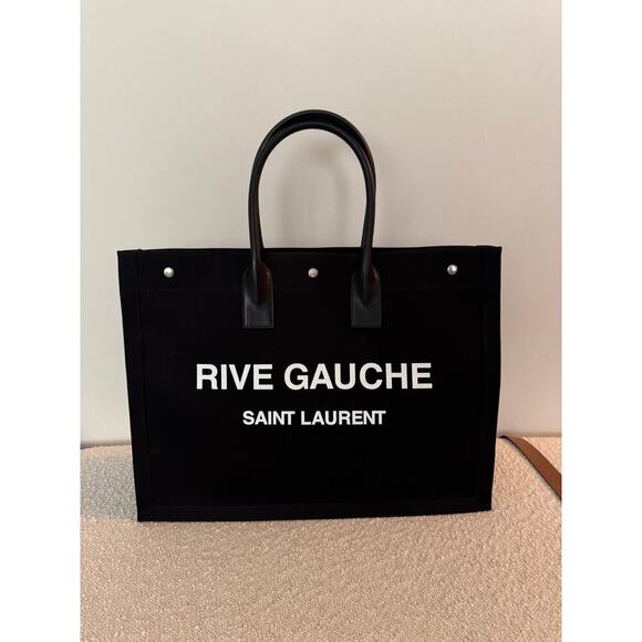 Saint Laurent Rive Gauche Large Black Canvas Tote Bag | 100% Leather Trim | NWT - Picture 2 of 7